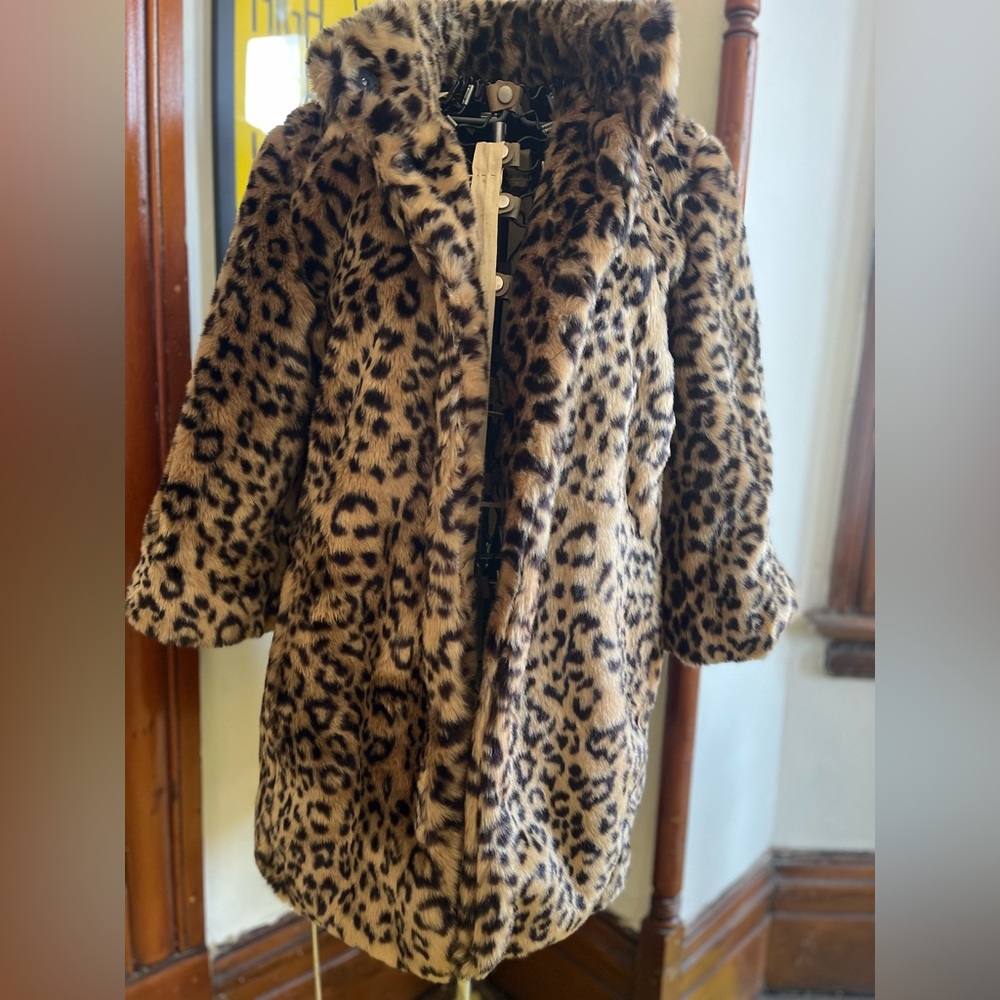 Leopard Print Faux Fur Coat w/ High Collar